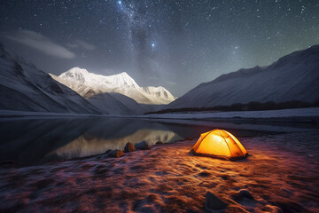 AI Night Snowy Mountain Tent Camp
