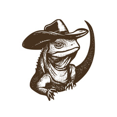 Vintage logo of a lizard wearing a cowboy hat. an old-school logo of a mafia lizard. Aesthetic retro logo of a sheriff lizard isolated on white background. vector logo.