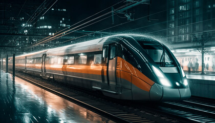 Naklejka na ściany i meble High speed train at the station and blurred cityscape at night in the background