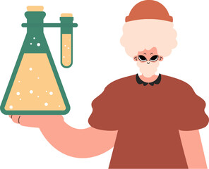 The individual is holding a chemical shake, kept on a white establishment. Trendy style, Vector Illustration