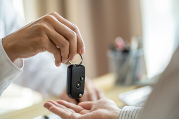 Loss Adjuster Insurance Agent Inspecting Damaged Car. .Sales manager giving advice application form document considering mortgage loan offer for car  insurance