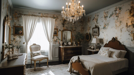 A French-inspired vintage bedroom with a white upholster, generative ai