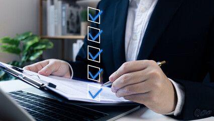 Businessman tick correct sign mark for document approve in checkbox, project acceptance and quality...