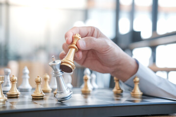 Businessman play with chess game. success management concept of business strategy and tactic...