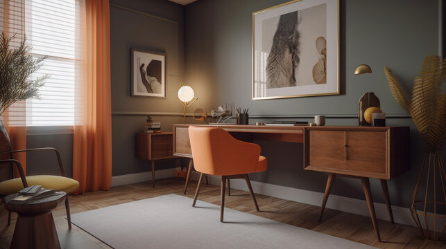 A mid-century modern home office with a sleek desk and armchair, generative ai