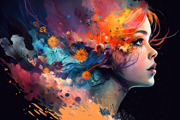 Double exposure woman profile and flowers mental health women's day illustration generative ai