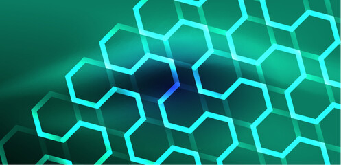 Hexagon abstract background. Techno glowing neon hexagon shapes vector illustration for wallpaper, banner, background, landing page, wall art, invitation, prints, posters
