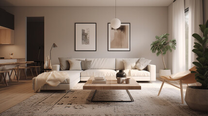 Obraz na płótnie Canvas a minimalist living room with a cozy sofa, generative ai