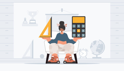 Energized woman holding a ruler and calculator, learning subject. Trendy style, Vector Illustration