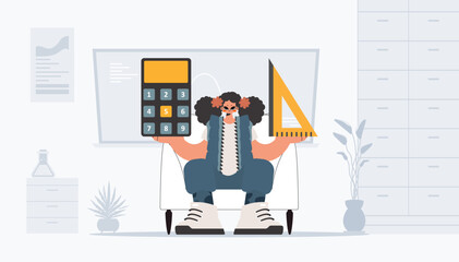 Energized lady holding a ruler and calculator, learning subject. Trendy style, Vector Illustration