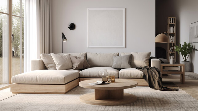 a minimalist living room with a cozy sofa, generative ai