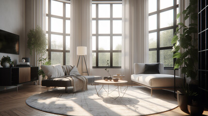 Fototapeta premium a minimalist living room with a neutral color, generative ai