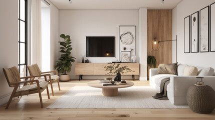 a minimalist living room with a neutral color, generative ai