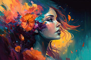 Double exposure woman profile and flowers mental health women's day illustration generative ai