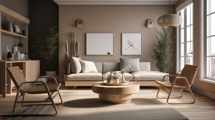 a minimalist living room with a neutral color, generative ai