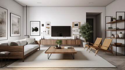 Naklejka na ściany i meble a minimalist living room with a neutral color, generative ai