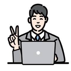 ラップトップの前で笑顔でピースサインをしているスーツを着た若い男性
