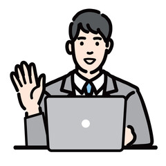 ラップトップの前で手を挙げて笑顔で挨拶しているスーツを着た男性
