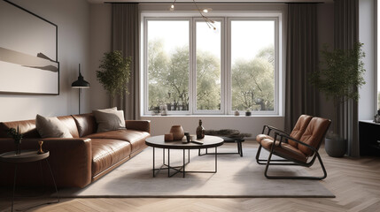 Fototapeta na wymiar a minimalist living room with large window, generative ai