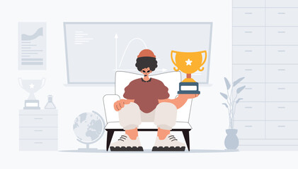 The person holds the holder of the victor. Trendy style, Vector Illustration