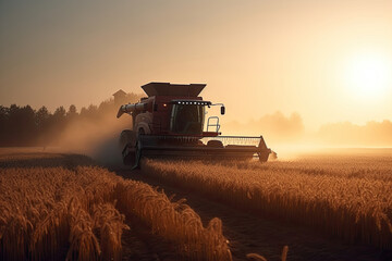 Fototapeta premium Combine harvester working on a wheat field, sunrise, Generative AI