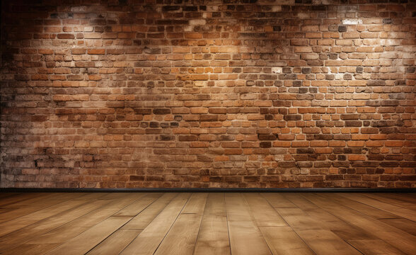 Old grunge brown horizontal brick wall background in a room with wooden floor, Generative AI