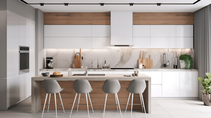 A modern kitchen with a mix of the white scheme, generative ai
