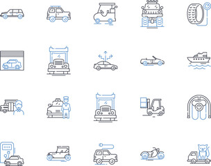 Train and shipping line icons collection. Locomotive, Cargo, Freight, Railcar, Container, Haulage, Shipment vector and linear illustration. Express,Intermodal,Track outline signs set