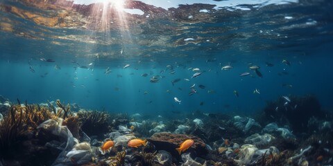Fototapeta na wymiar Plastic Pollution In Ocean - Underwater Shine With garbage Floating On Sea - Environmental Problem