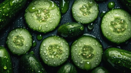 Abstract background of green cucumber slices on white. Top view Generative AI
