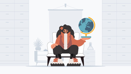 Energetic lady holding a colossal globe, learning subject. Trendy style, Vector Illustration