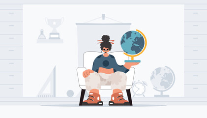 Energized lady holding a colossal globe, learning subject. Trendy style, Vector Illustration