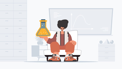 Fellow holding chemical carafe, learning topic. Trendy style, Vector Illustration