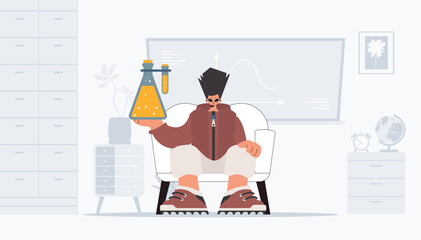 Person holding chemical carafe, learning subject. Trendy style, Vector Illustration