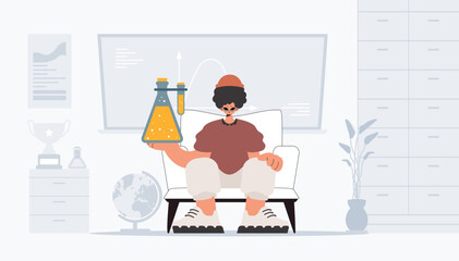Person holding chemical carafe, learning subject. Trendy style, Vector Illustration