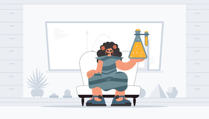 Youthful woman holding chemical carafe, learning point. Trendy style, Vector Illustration