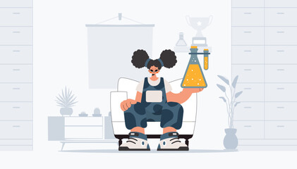 Lively woman holding chemical carafe, learning point. Trendy style, Vector Illustration