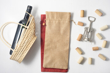 Mockup with wine bottle bag blank, copyspace. Jute wine bag mock up for decoration design. Simple...