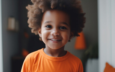 Black dark-skinned african american cute happy smiling boy portrait at home. Generative AI