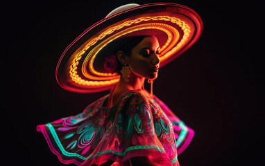 Fabulous Cinco de Mayo female dancer in neon light. Beautiful female model in traditional costume and sombrero dancing.