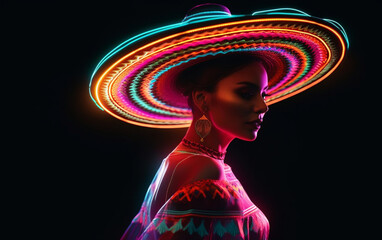 Fabulous Cinco de Mayo female dancer in neon light. Beautiful female model in traditional costume...