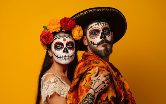 mexican couple in traditional clothes with painted faces, Mexican holiday of the dead and Halloween, Cinco de Mayo Colorful Mexicans culture