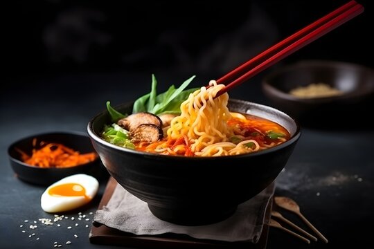 Korean ramen spicy noodle soup with chopsticks. made with Generative AI