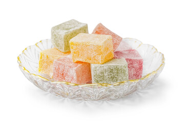Bowl with tasty Turkish Delight isolated on white background