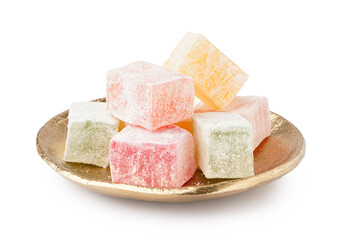 Plate with tasty Turkish Delight isolated on white background