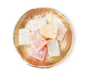 Plate with tasty Turkish Delight isolated on white background
