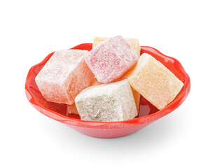 Bowl with tasty Turkish Delight on white background