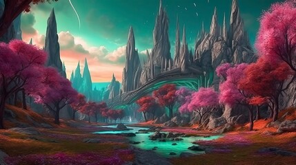 Fototapeta na wymiar Futuristic fantasy landscape sci-fi landscape with_planet illustration . Generative AI