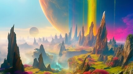 Futuristic fantasy landscape sci-fi landscape with_planet illustration . Generative AI