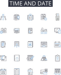 Time and date line icons collection. Duration, Length, Interval, Period, Age, Moment, Hour vector and linear illustration. Minute,Second,Calendar outline signs set